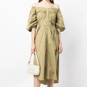 STAUD Reese Dress – Off-Shoulder Puff Sleeve Midi – Size S